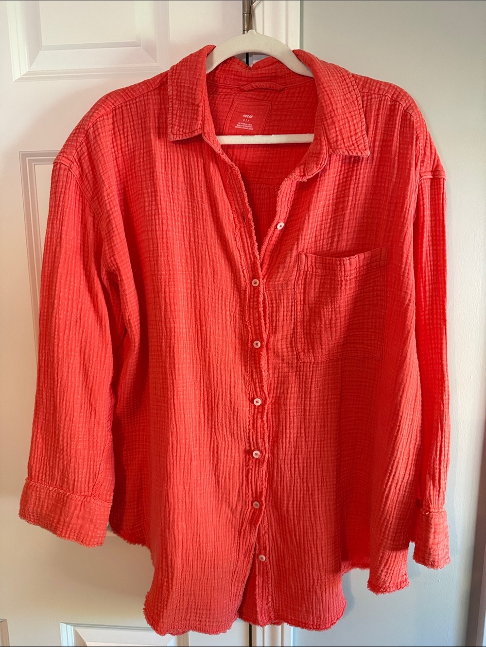 aerie orange/red Button-Down Textured Casual Shirt